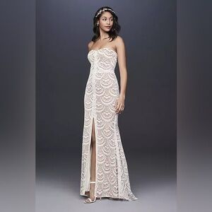 GALINA scalloped lace split-front sheath wedding dress STYLE# WG3948